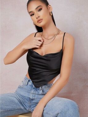 Fashion Black Satin black Womens casual top NWT